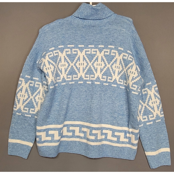 CeCe Sweater Womens Medium Blue White Turtleneck Aztec Knit Pullover Soft Cozy - Picture 11 of 12
